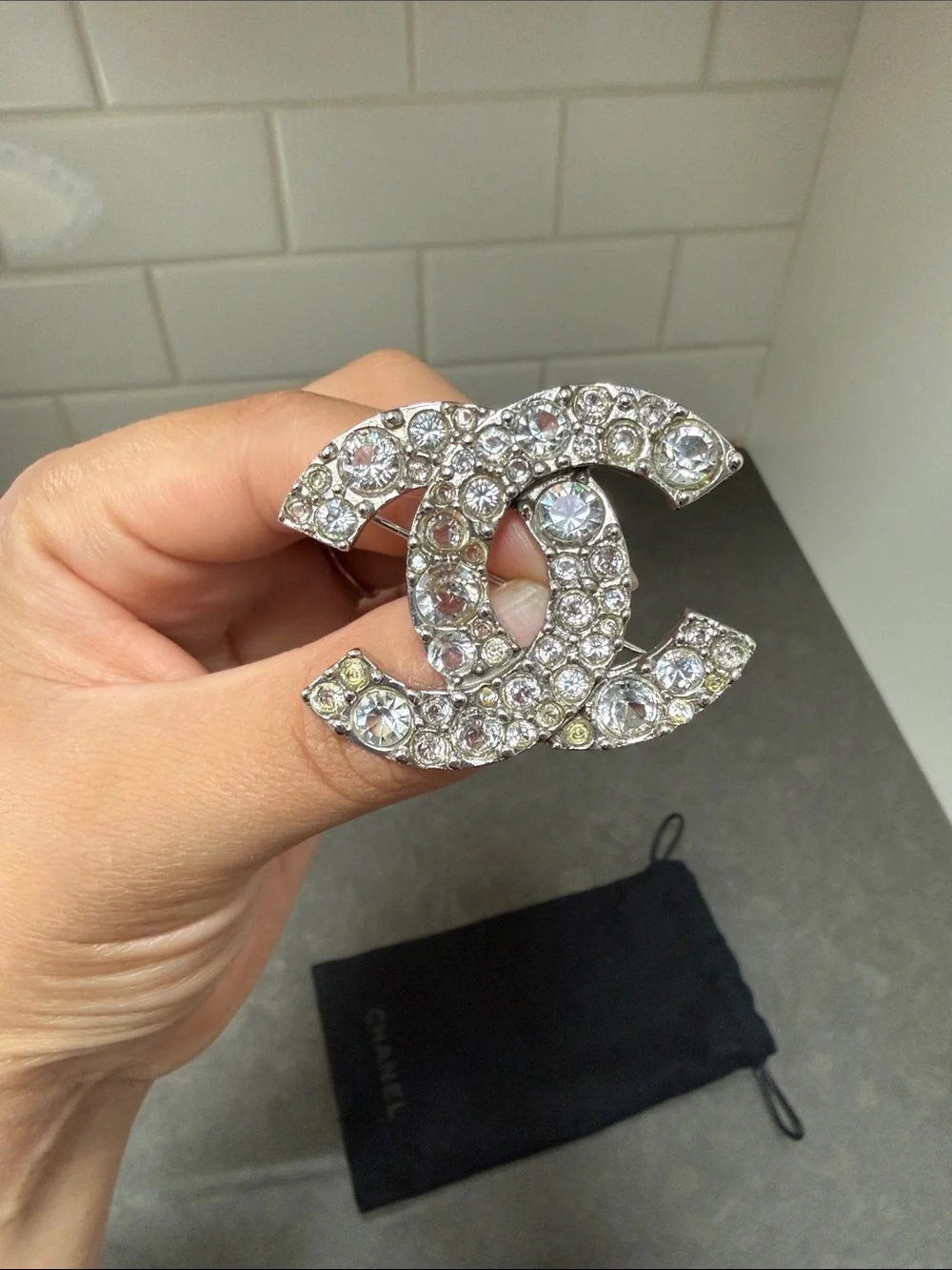 CHANEL CC Silver Logo Brooch Pin Vintage with Crystals 2005